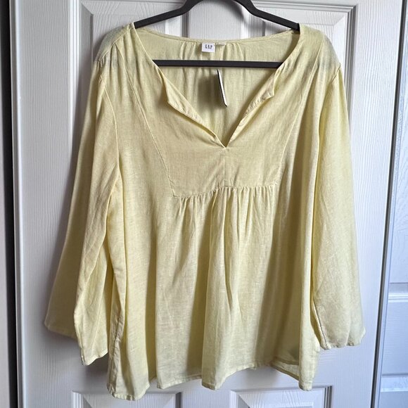 Women's XL Gap Pastel Yellow Linen Blend Split Neck Peasant Boho Blouse NWT - Picture 1 of 9